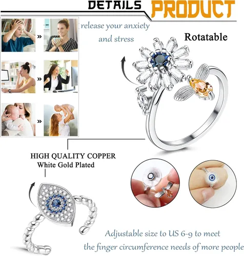 Vista 3 de ZELORES 35 anillos para ansiedad ajustables para aliviar el estrés y la ansiedad anillos apilables de ópalo de girasol para mujeres y hombres