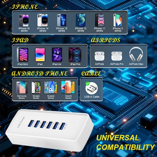 Vista 4 de Cargador rápido USB, estación de carga portátil de 6 puertos, adecuado para varios dispositivos, compatible con iPhone, iPad, Samsung, Google