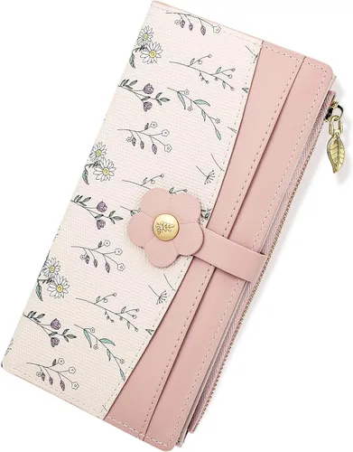 Vista 13 de Farcauo Billetera para mujer, billetera delgada para mujer, linda cartera delgada Kawaii con flores para mujer, tarjetero para mujer, Cartera