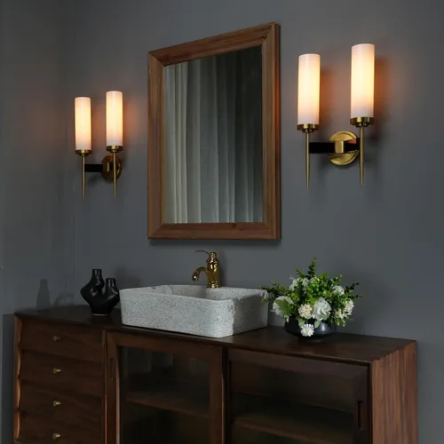 Vista 2 de Phansthy Aplique de pared de latón antiguo, lámpara de tocador de baño, iluminación de pared con pantalla de cristal blanco ciclinder de 2.8