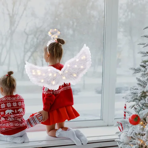 Vista 5 de Alas de ángel LED y halo, disfraz de ángel con luz para Halloween, halo, hada blanca, alas de cupido, disfraz de ángel para niñas, niños y mujeres