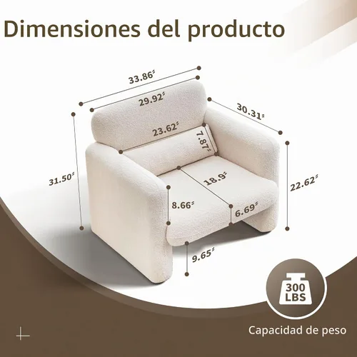 Vista 2 de Sillas de acento de 33.86 pulgadas, silla moderna con brazos de tela sherpa, cómodo sillón tapizado para descanso, sofá individual con almohada