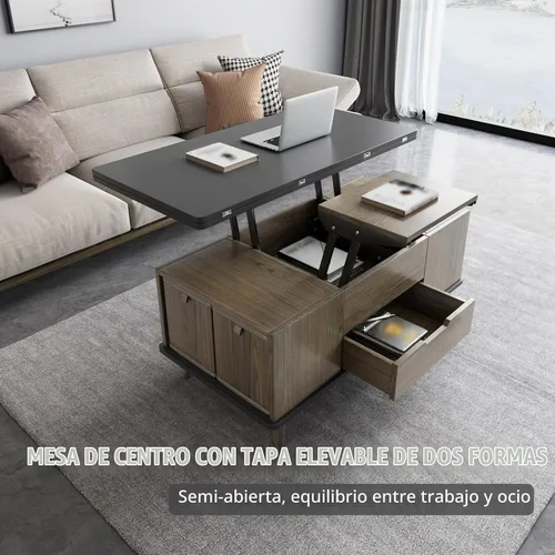 Vista 4 de Mesa de centro elevable con 4 taburetes de poliuretano, mesa de centro clásica de color negro con contraste marrón que se convierte en mesa