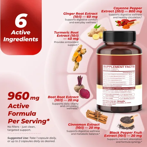 Vista 4 de Complejo de pimienta de cayena Sotalix 960 mg con jengibre y cúrcuma, 150 cápsulas