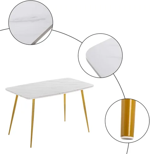 Vista 5 de Mesa de comedor rectangular de oro blanco, moderna y elegante, con patas de metal dorado para 4 a 6 personas, mesa de trabajo simple para oficina