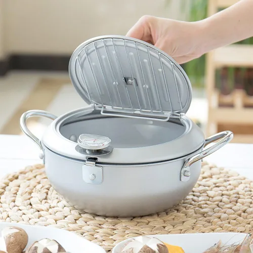 Vista 4 de Sartén con revestimiento antiadherente con termómetro Tempura Freidora Pot, Mini sartén profunda con escurridor Mini Sartén profunda con sartén