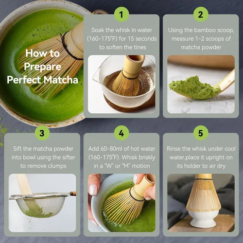 Vista 3 de SHONMISEN Juego de batidor de matcha con cuenco matcha, soporte para batidor de matcha, batidores de bambú matcha, cuchara, tamiz, palito