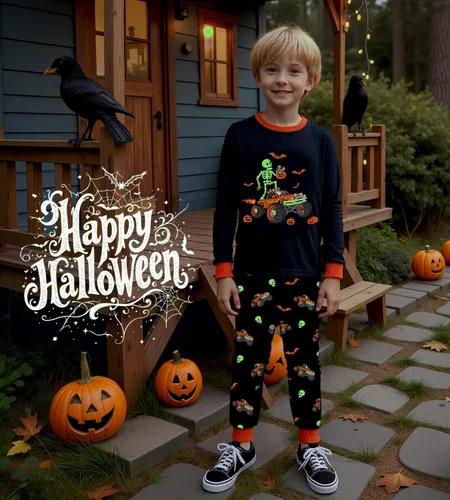 Vista 21 de HONGTEYA Ropa de Halloween para niños y niñas, ropa de esqueleto de algodón para niños pequeños, talla 3-7T