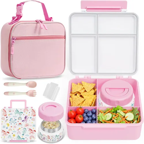 Vista 10 de Lonchera Bento para niños con contenedor térmico de alimentos (9 onzas), lonchera de 4 compartimentos, divisor ajustable, lonchera Bento a prueba