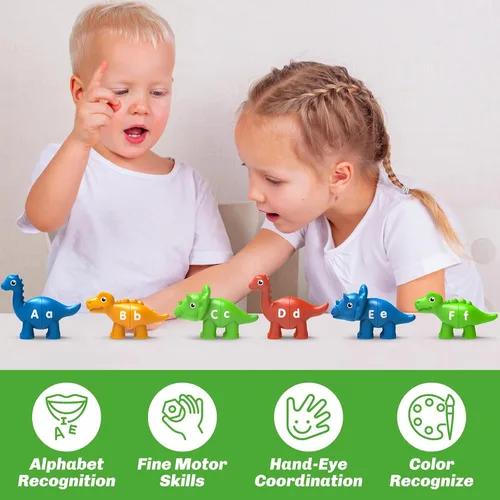 Vista 6 de 26 piezas de juguetes de aprendizaje del alfabeto de dinosaurios para niños de 3 a 5 años, juego de emparejamiento ABC de doble cara con mayúsculas