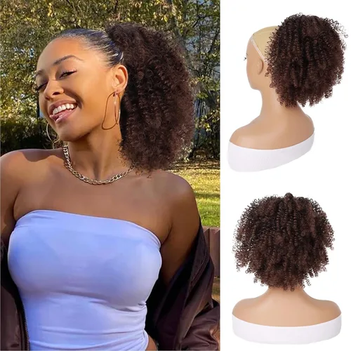 Vista 14 de Peluca rizada con flequillo corto afro para mujeres negras, G&T Wig, rizos esponjosos, flequillo clip-in (1B, flequillo simple)