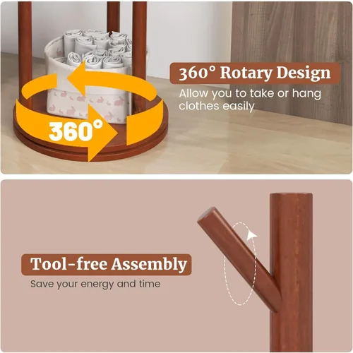 Vista 5 de Generic Perchero de madera independiente con 3 estantes y 9 ganchos, soporte resistente y fácil de montar para entrada, pasillo, dormitorio
