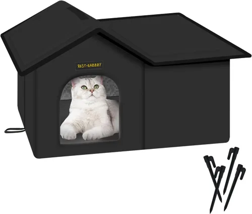 Vista 11 de Rest-Eazzzy Casa para gatos al aire libre, resistente a la intemperie y aislada, con alfombrilla y toldo, fácil de poner, refugio para gatos