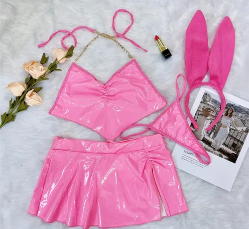 Vista 4 de Disfraz brillante de fiesta de rave para mujer, camiseta corta holográfica, minifalda, alas de hada, disfraz de club nocturno de música
