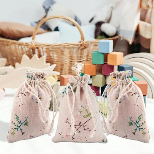 Vista 8 de KISSITTY 50 bolsas de almacenamiento de algodón de poliéster con encaje antiguo, bolsas de embalaje con cordón con ramas de hojas impresas