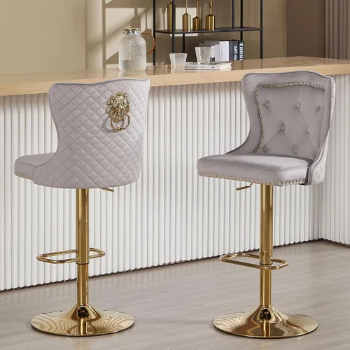 Vista 9 de Juego de 2 taburetes de bar negros y dorados, taburetes de bar de terciopelo con respaldo de ala alta, modernas sillas de bar tapizadas, taburete