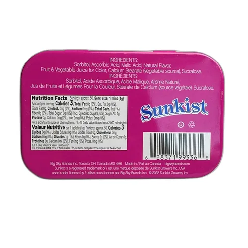 Vista 4 de Sunkist Sours Grapeade, vitamina C, caramelo agrio sin azúcar, lata de 1.76 onzas, bandeja de 6