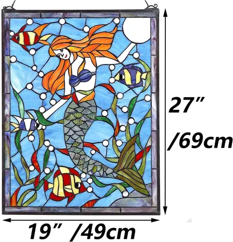 Vista 6 de Bieye W10039 - Panel de ventana de cristal estilo Tiffany con diseño de sirena con pez, forma rectangular, 19 pulgadas de ancho x 27 pulgadas de alto