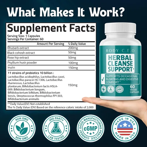 Vista 2 de Body C.E.O. Herbal Cleanse Support para alivio de la digestión, 60 cápsulas