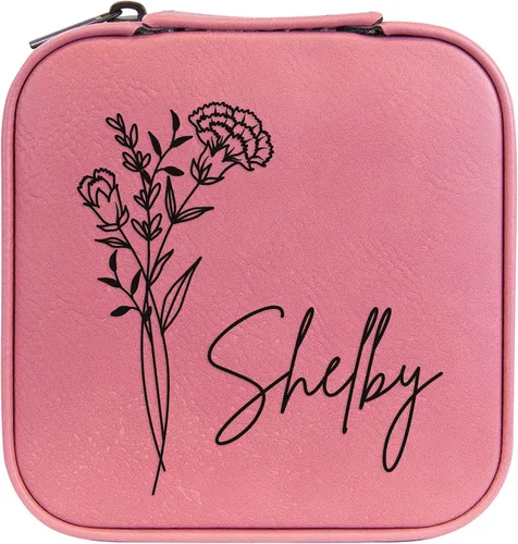 Vista 27 de Joyero de flores de nacimiento personalizado Estuche de viaje (cuero crudo, abril - guisante dulce)