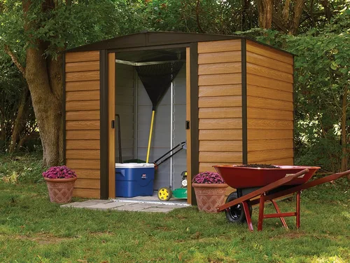 Vista 13 de Arrow Woodridge - Caseta de almacenamiento de acero con hastial bajo, café/madera