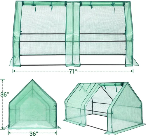 Vista 5 de Ohuhu Mini invernadero portátil, invernaderos de 71 x 36 x 36 pulgadas para exteriores con puertas dobles grandes con cremallera y estacas de Verde