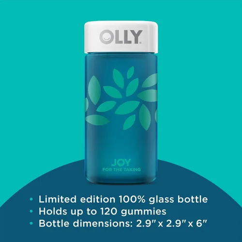 Vista 3 de OLLY Joy Jar Gift - Recipiente de vitaminas de botella de vidrio fácil recargable, capacidad para hasta 120 gomitas de vitaminas, edición limitada