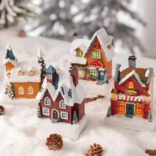 Vista 2 de Casa iluminada de pueblo de Navidad, casas de pueblo de Navidad iluminadas con LED, Navidad, invierno, aldea de nieve, casa iluminada, decoración