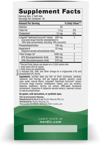 Vista 2 de Nordic Naturals Memoria Omega con curcumina, limón, 60 geles blandos, 1000 mg de omega-3 + 400 mg de curcumina optimizada, memoria, cognición