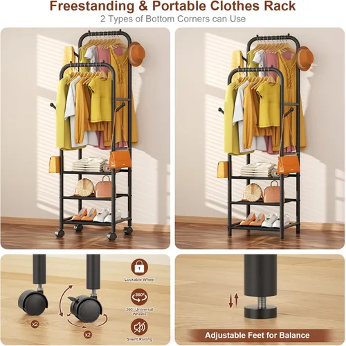 Vista 8 de Furologee - Percheros enrollables para colgar ropa, con dobles varillas, con ruedas, perchereros resistentes, perchero metálico portátil
