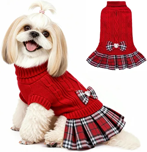 Vista 20 de YUDODO Small Dog Sweater Dress with Bowtie Turtleneck - Knitted Pet Clothes Dusty Pink