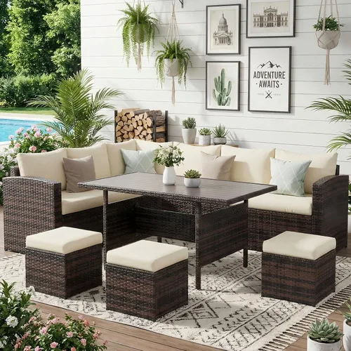 Vista 14 de Wisteria Lane Juego de muebles de patio de 7 piezas, juego de comedor de mimbre con respaldo alto y curvo, para todo tipo de clima, muebles de Gris