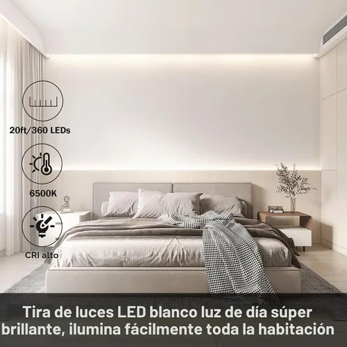 Vista 6 de Tira de luces LED blancas de 20 pies con control remoto, tira de luz LED regulable de 6500 K de 12 V, 360 luces LED flexibles para dormitorio