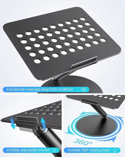 Vista 5 de LULULOOK Soporte para computadora portátil para escritorio, soporte de computadora de aluminio completo, elevador ajustable giratorio de 360°, Negro