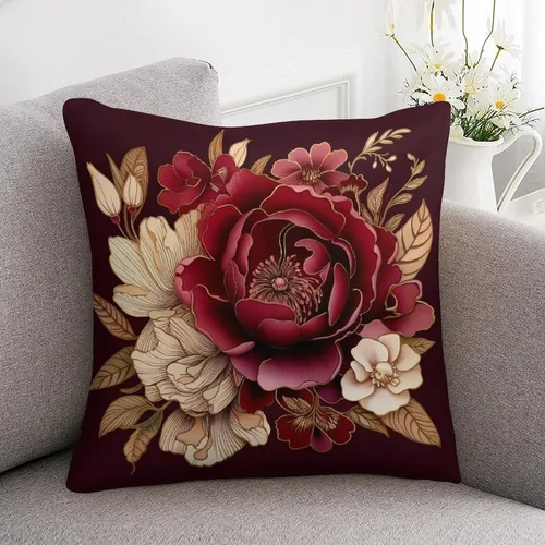 Vista 7 de Fundas de cojín de satén elegantes, decorativas florales burdeos, suaves y lujosas, elegantes fundas de almohada de terciopelo floral para sofá
