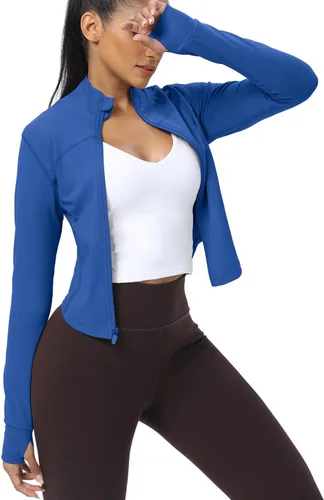 Vista 57 de AVGO Chaquetas de entrenamiento recortadas para mujer, con cremallera, ajustadas, atléticas, con agujeros para el pulgar
