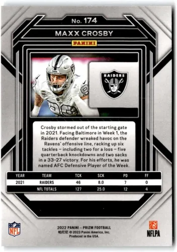 Vista 2 de Panini Prizm Football # 174 Maxx Crosby Las Vegas Raiders Official NFL Trading Card 2022