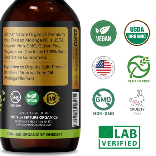 Vista 6 de Aceite de moringa orgánico certificado por USDA, 100% puro, prensado en frío y sin refinar sin gluten (2 onzas), hidratante natural para piel, cara
