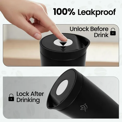Vista 2 de Taza de café de viaje de 12 onzas, taza de café aislada de acero inoxidable con tapa a prueba de fugas para bebidas calientes y frías, sin BPA, Negro