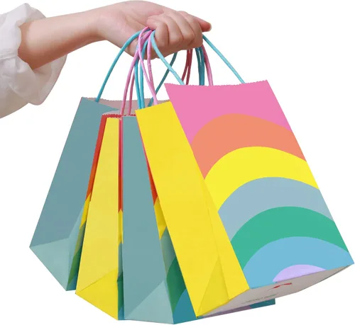 Vista 2 de Cmecial Juego de bolsas de regalo (paquete de 18) – Papel arcoíris a granel tamaño pequeño – Fiesta, cumpleaños, baby shower, Acción de Gracias
