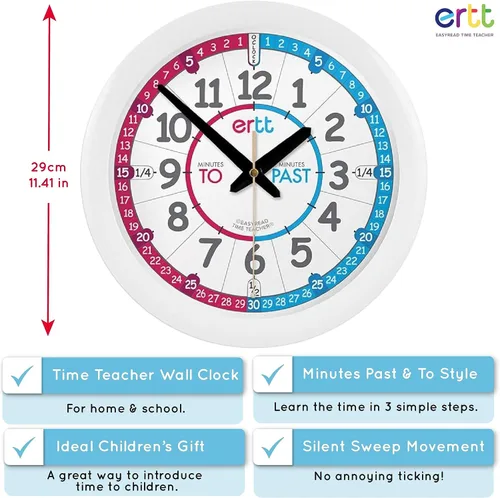 Vista 2 de ertt Reloj de pared para enseñanza, reloj de pared para aprender el tiempo, reloj analógico para niños, para aula, sala de juegos, dormitorio