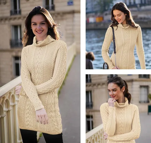 Vista 4 de v28 - Suéter de punto trenzado, cuello alto, tipo vestido, estilo bodycon, de ajuste entallado para mujer