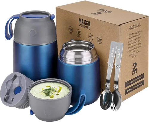 Vista 9 de MAXSO Paquete de 2 termos de sopa para alimentos fríos y calientes para niños y adultos, frascos de alimentos aislados al vacío, recipientes