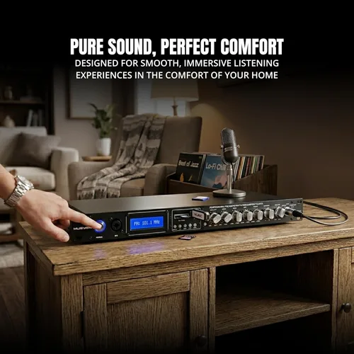 Vista 6 de MUSYSIC MU-PRE2H Procesador de sonido de audio profesional Pre-Amp Bluetooth, USB/SD, MP3/Aux, radio FM, modo de grabación Pantalla LCD digital