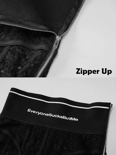 Vista 5 de Leggings ajustados de encaje sexy para mujer con cremallera cintura alta estampado de letras pantalones de malla transparente floral ropa de club