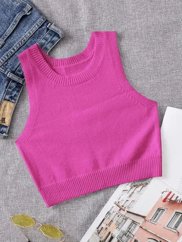 Vista 5 de SOLY HUX Suéter de punto acanalado para mujer, sin mangas, cuello redondo, camiseta corta sin mangas