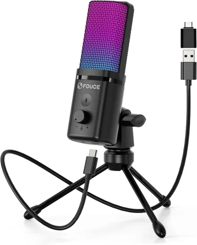 Vista 8 de FDUCE Micrófono USB para juegos RGB, micrófono condensador con silencio, ganancia, monitoreo, brazo de boom para transmisión, podcast, Twitch