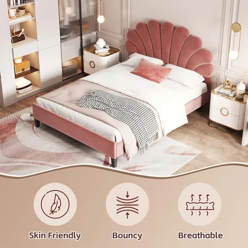 Vista 3 de DEINPPA Base de cama tapizada tamaño matrimonial con cabecera ajustable de flores elegantes, cama de plataforma de terciopelo con soporte