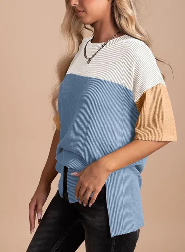 Vista 3 de EVALESS Camisetas de verano de manga corta con cuello redondo para mujer, bloque de color, ligeras