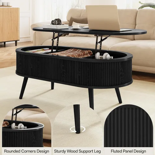 Vista 3 de Mesa auxiliar ovalada con almacenamiento, moderna mesa de centro acanalada con parte superior elevadora, mesas de centro pequeñas con Negro